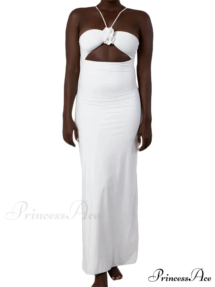 Spaghetti Strap Sling for Women 3D Flower Hollow Out Summer Party Cocktail Female Vestidos Clubwear WHITE / S