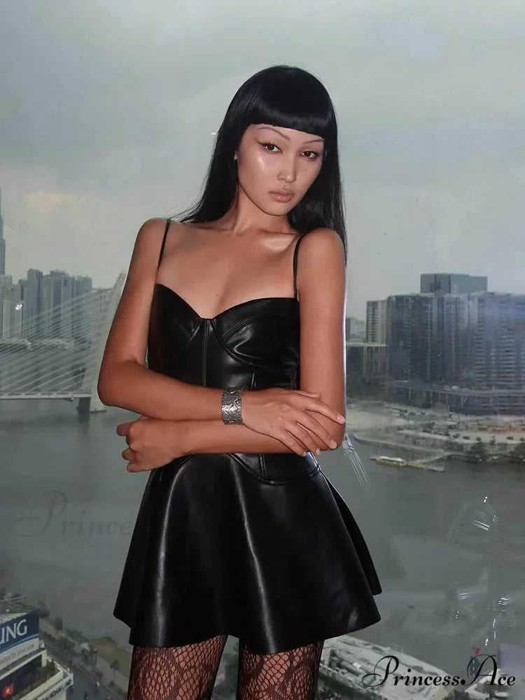 Spaghetti Strap Sweetheart Neckline A-Line Faux Leather Mini Sexy Backless PU Dress