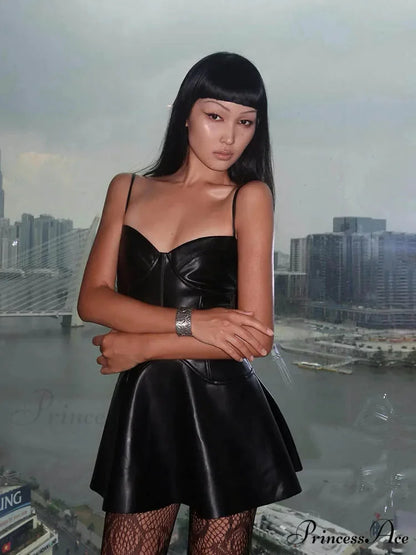 Spaghetti Strap Sweetheart Neckline A-Line Faux Leather Mini Sexy Backless PU Dress