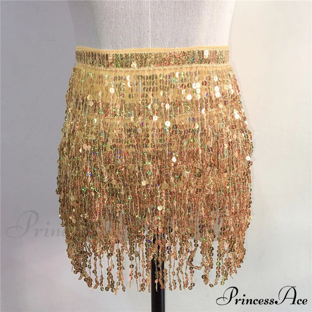 Sparkle Sequined Tassel Lace Up Shiny Skirt Gold / One Size