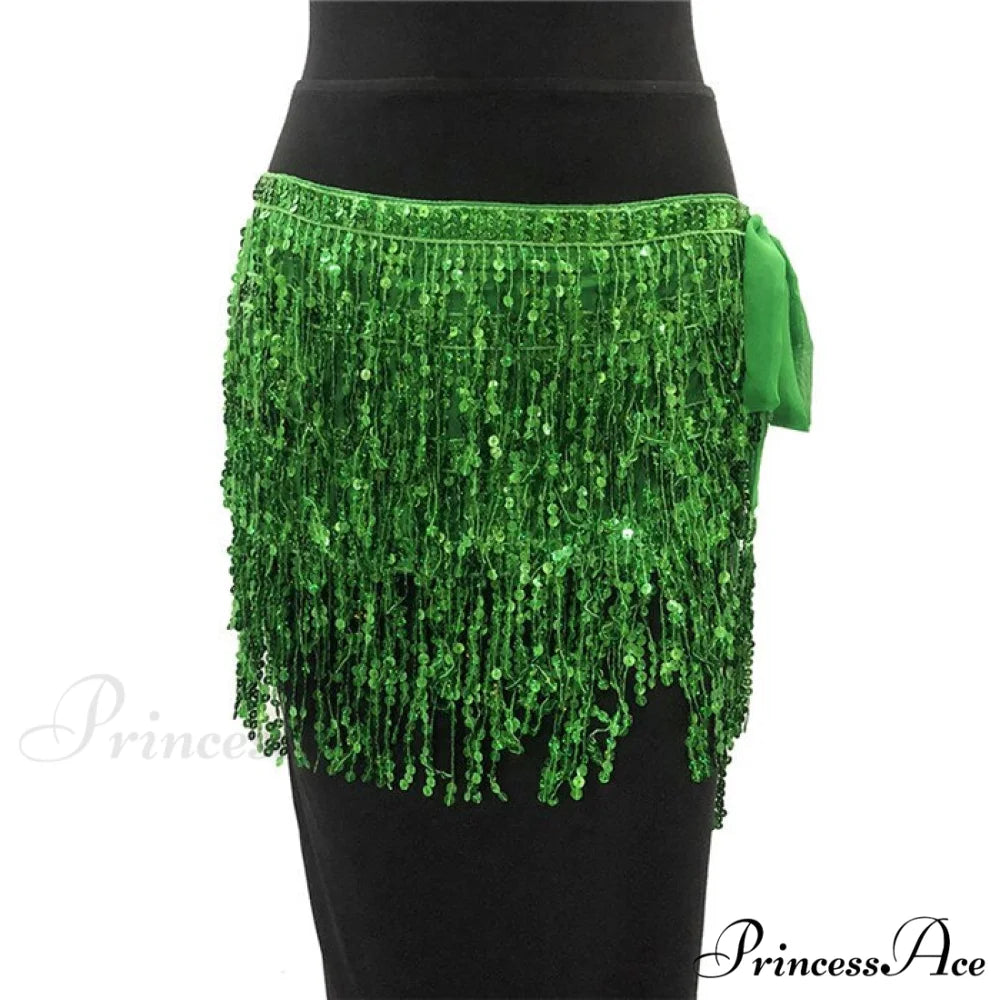 Sparkle Sequined Tassel Lace Up Shiny Skirt Green / One Size