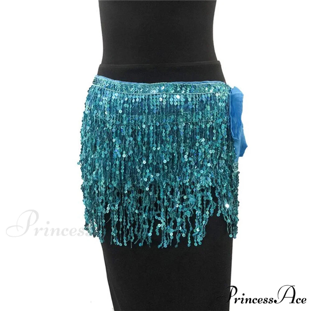 Sparkle Sequined Tassel Lace Up Shiny Skirt light blue / One Size