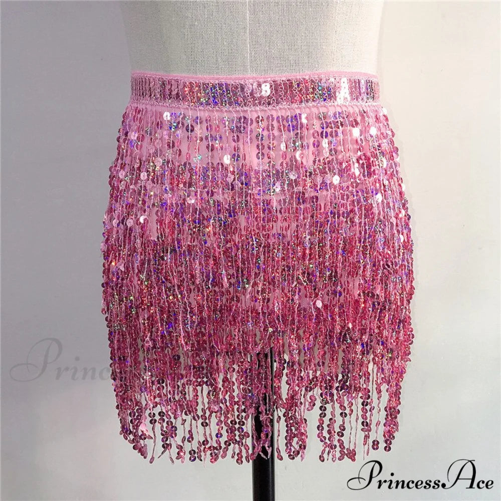 Sparkle Sequined Tassel Lace Up Shiny Skirt Pink / One Size