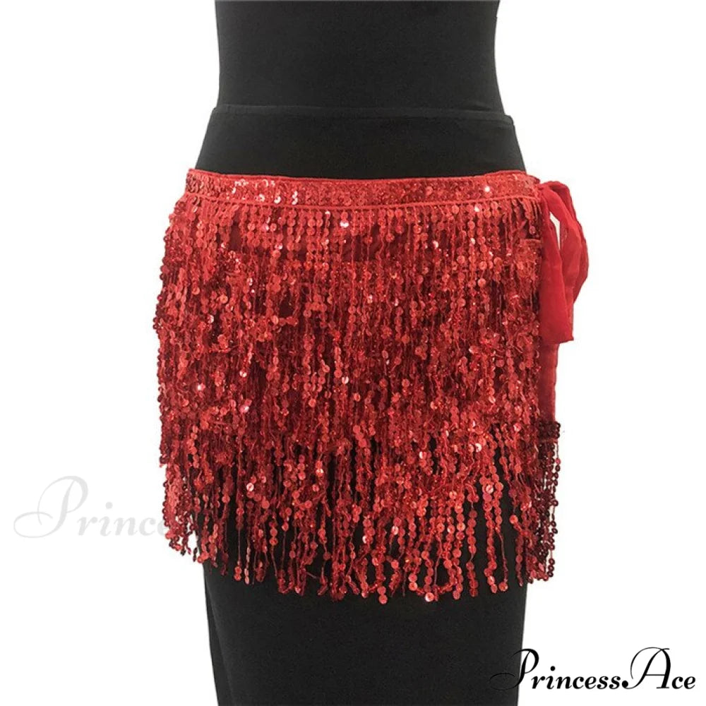 Sparkle Sequined Tassel Lace Up Shiny Skirt Red / One Size