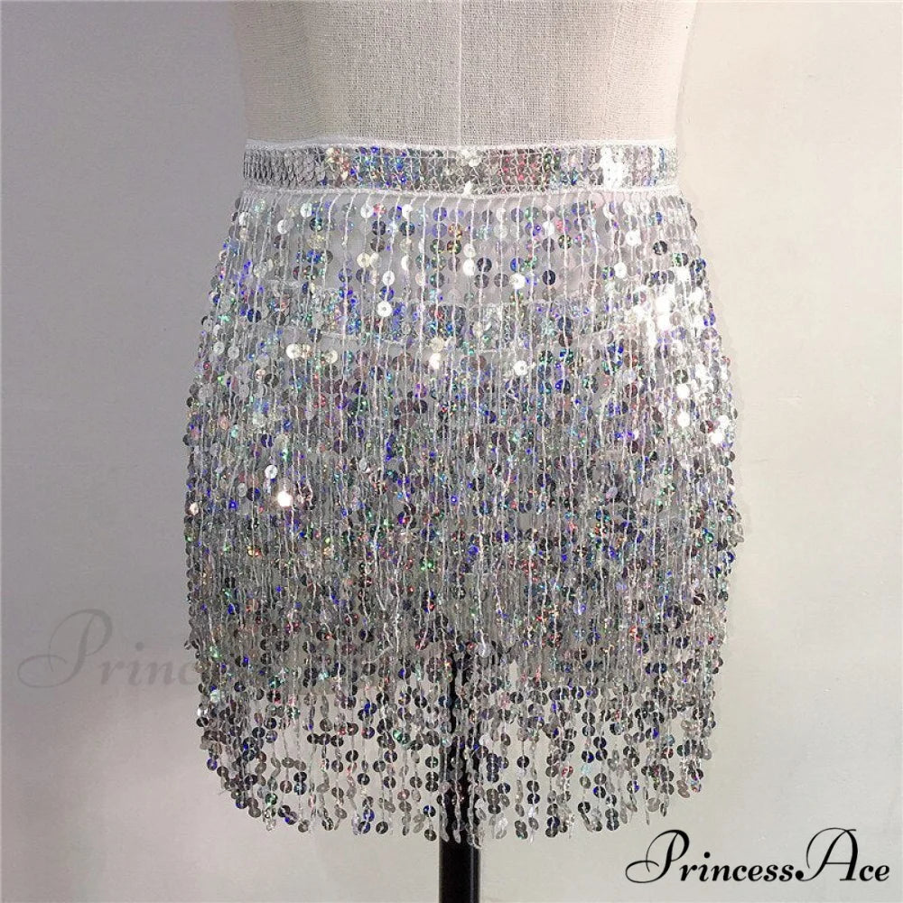 Sparkle Sequined Tassel Lace Up Shiny Skirt Silver / One Size