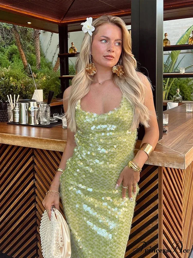 Sparkling Backless Lace-Up Square Neckline Maxi Dress