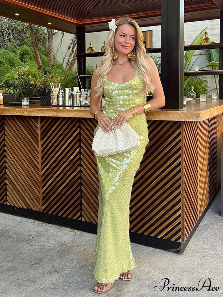 Sparkling Backless Lace-Up Square Neckline Maxi Dress green / S