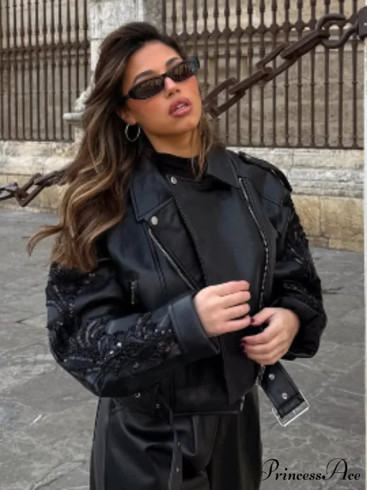 Sparkling Belted Leather Coat coats-241228