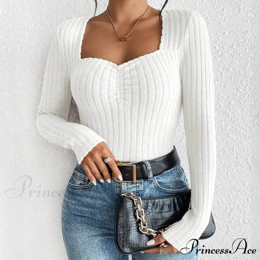 Sparkling Collar Informal Knitted Extended Sleeve Top Women white / XS knittop-250126