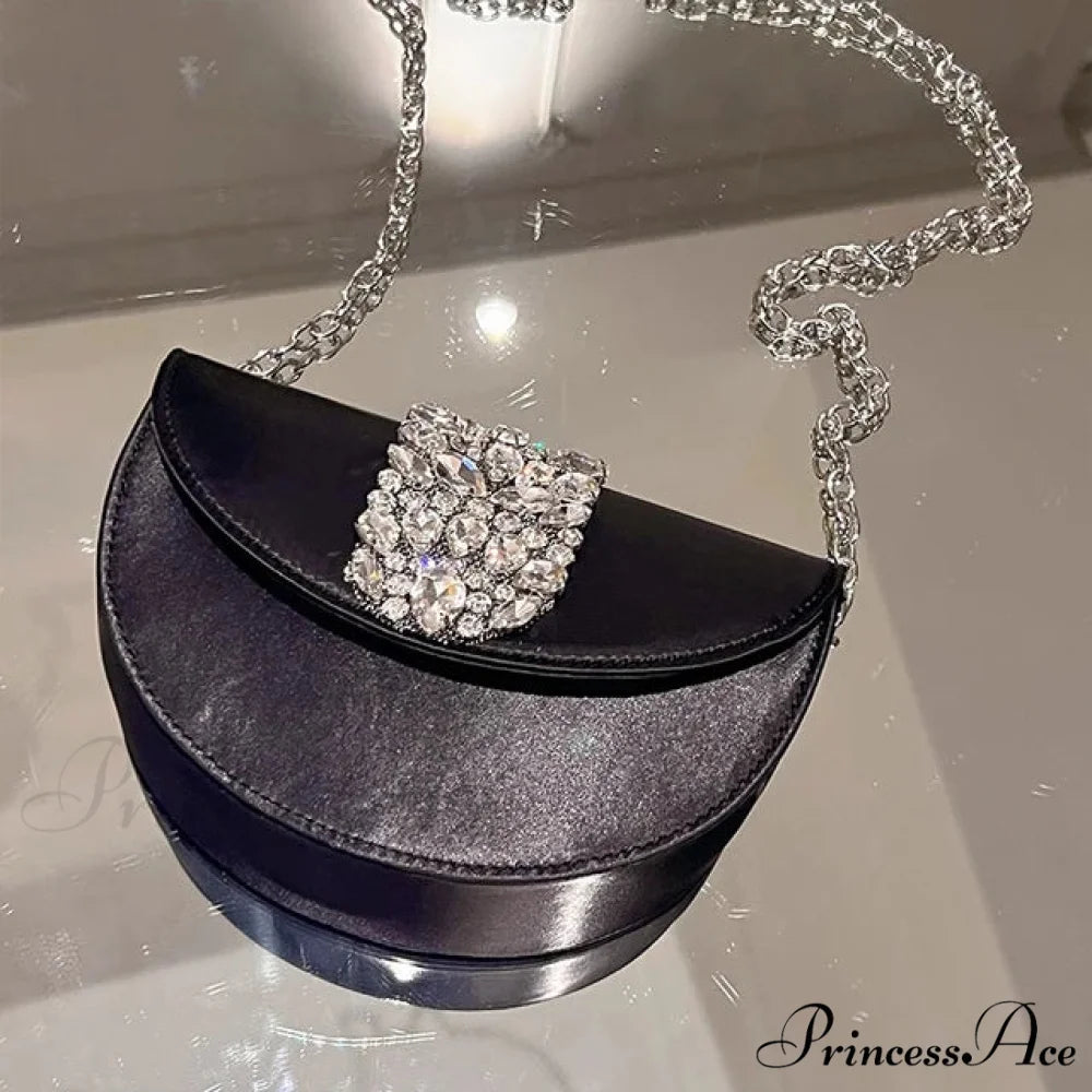 Sparkling Crystal Silk Evening Clutch Wedding Bag Black 19cm clutchbag-250126