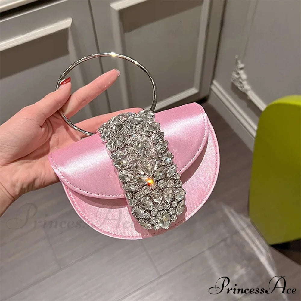 Sparkling Crystal Silk Evening Clutch Wedding Bag Pink 16cm clutchbag-250126