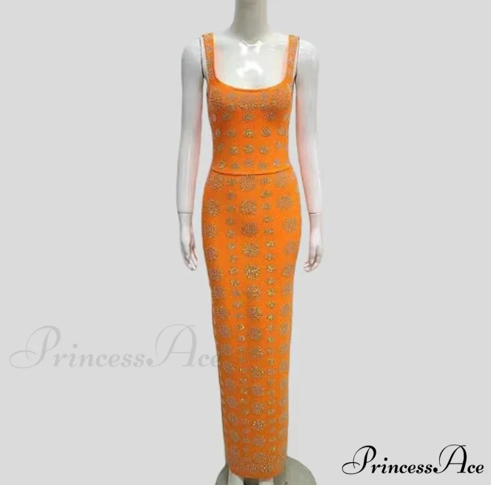 Sparkling Diamonds Ankle-Length Party Dress Orange / XS