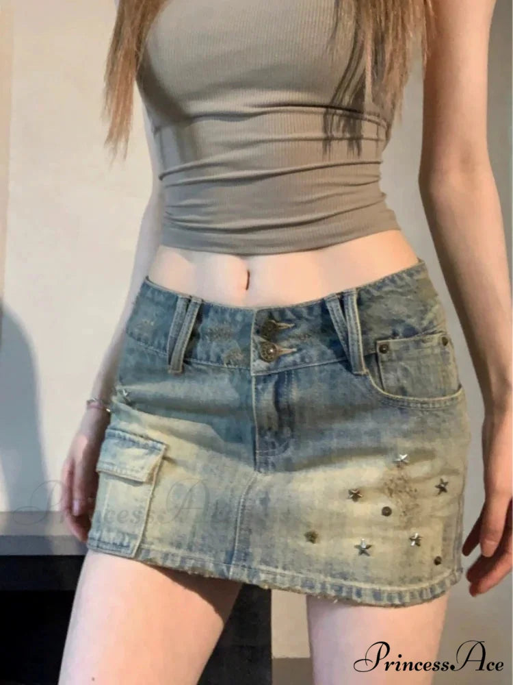 Sparkling Fastener Pencil Denim Skirt Blue / S(40-45KG) skirts-250223