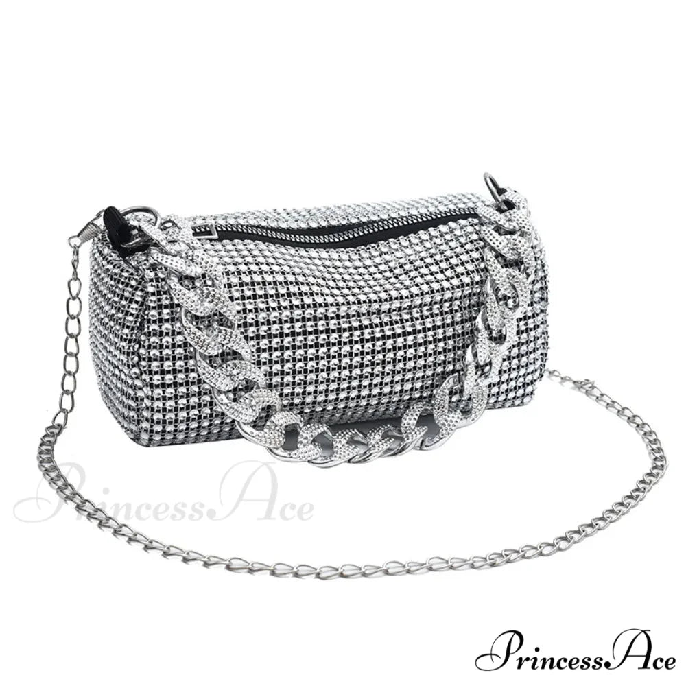 Sparkling Feast Crossbody Glitter Cuba Chain Clutch Bag Silver clutchbag-250126