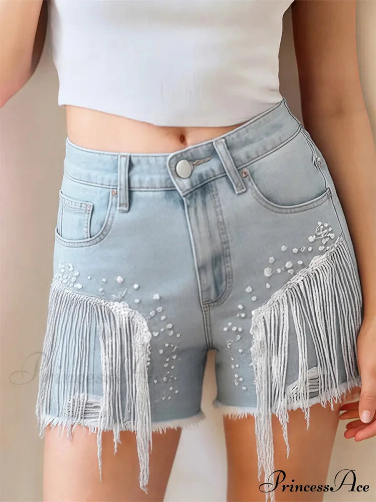 Sparkling Fringe Distressed Denim Short short-250223