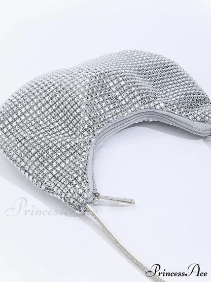 Sparkling Gem Zippered Solid Evening Clutch Bag Silver clutchbag-250126
