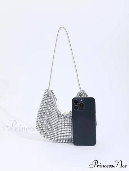Sparkling Gem Zippered Solid Evening Clutch Bag Silver clutchbag-250126