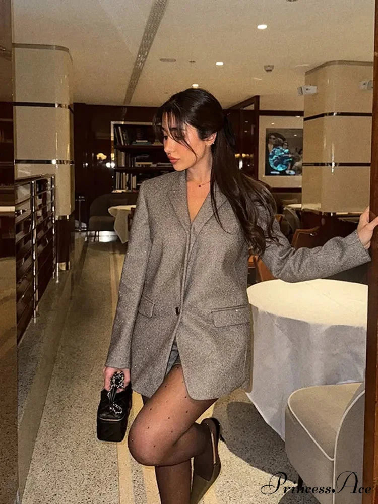 Sparkling Glitter Charcoal Suit Lapel Coat coats-241228