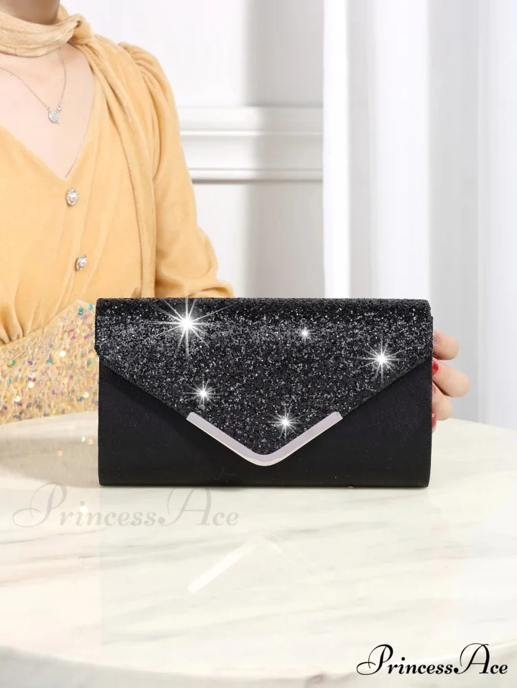 Sparkling Glossy Sophisticated Envelope Clutch Celebration Marriage Bag Black clutchbag-250126