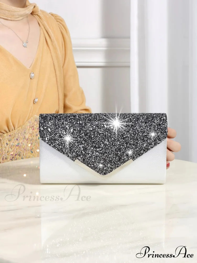 Sparkling Glossy Sophisticated Envelope Clutch Celebration Marriage Bag Silver black clutchbag-250126