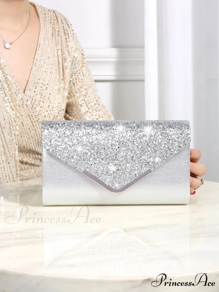 Sparkling Glossy Sophisticated Envelope Clutch Celebration Marriage Bag Silver clutchbag-250126