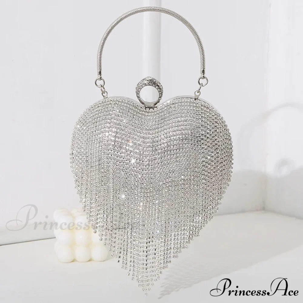 Sparkling Heart Design Silver Evening Clutch Wedding Bridal Bag Silver / Mini(Max Length<20cm) clutchbag-250126