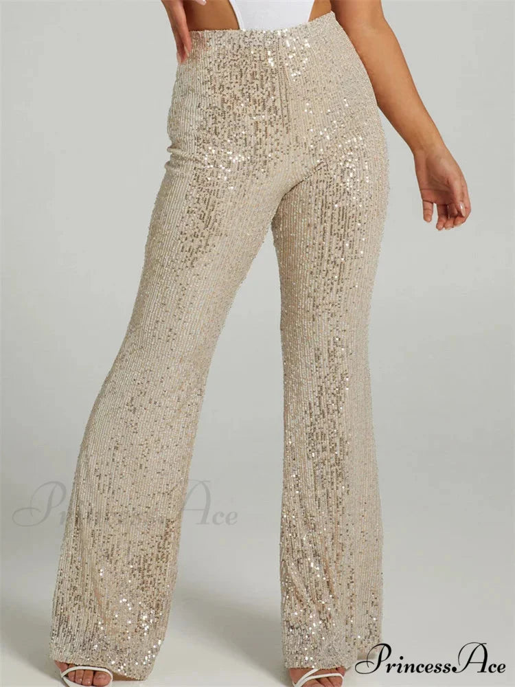 Sparkling High Waist Slim Fit Flare Club Pant Beige / S pant-250223