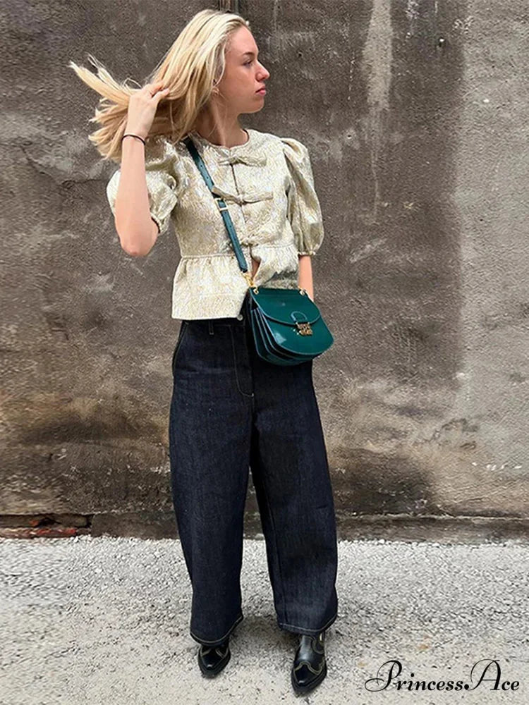 Sparkling Lace-Up Bow Puffy Sleeve Brief Blouse blouse-250126