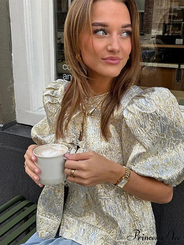 Sparkling Lace-Up Bow Puffy Sleeve Brief Blouse blouse-250126