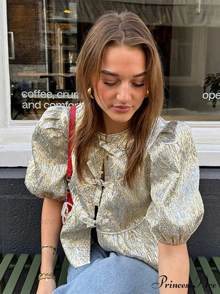 Sparkling Lace-Up Bow Puffy Sleeve Brief Blouse blouse-250126