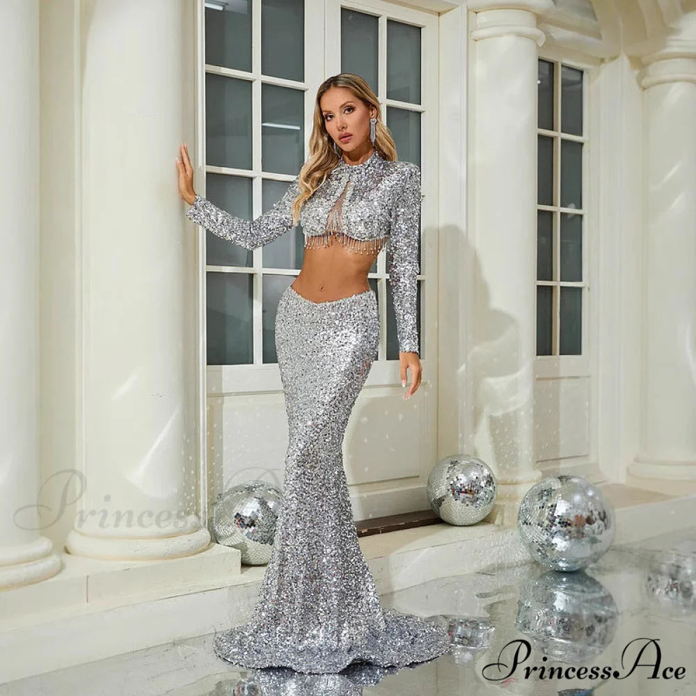 Sparkling Long Sleeve Crop Top Mermaid Prom Dress promdress-250223