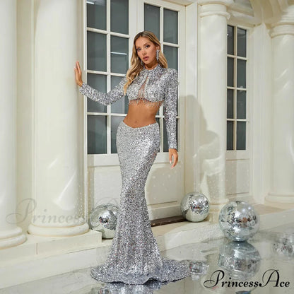Sparkling Long Sleeve Crop Top Mermaid Prom Dress promdress-250223