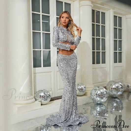 Sparkling Long Sleeve Crop Top Mermaid Prom Dress promdress-250223
