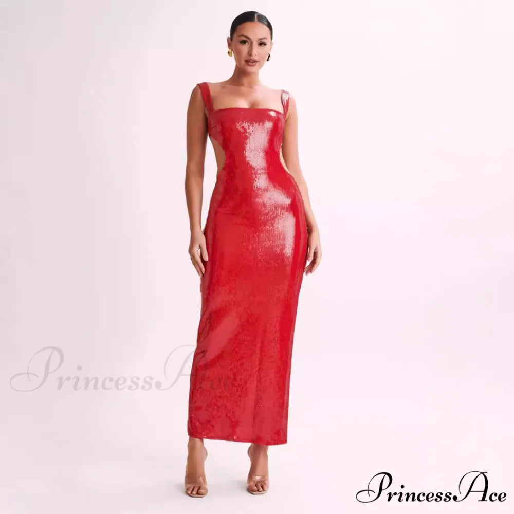 Sparkling Open-Backed Trim Fit Slit Formal Dress red / S promdress-250223