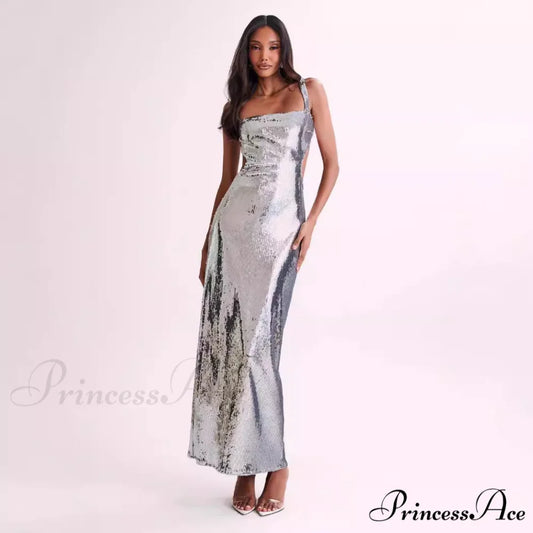 Sparkling Open-Backed Trim Fit Slit Formal Dress silver / S promdress-250223