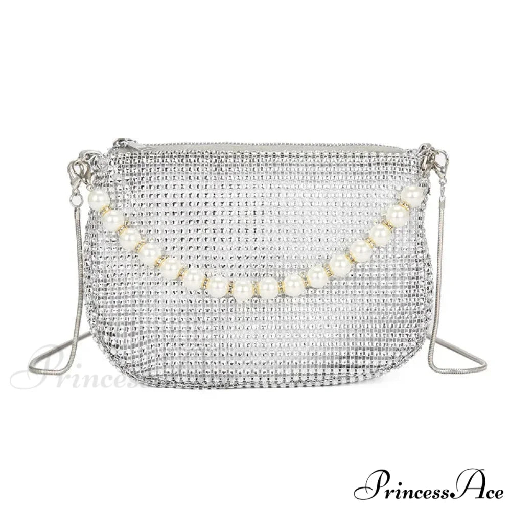Sparkling Pearl Evening Tote Bag Shoulder Handbag Silver clutchbag-250126