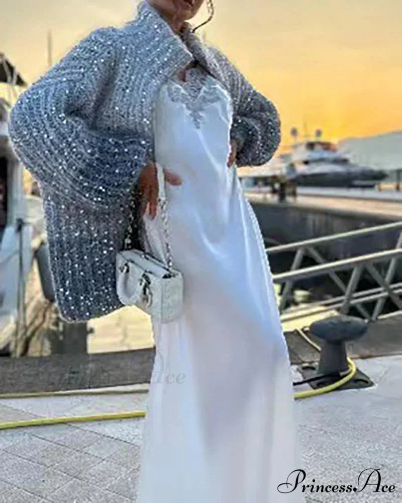 Sparkling Plunging Neckline Sweater Cardigan cardigans-241228