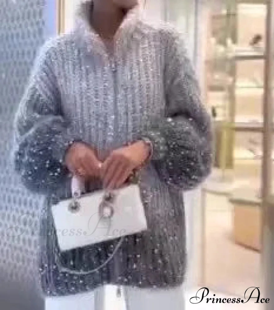 Sparkling Plunging Neckline Sweater Cardigan Grey / S cardigans-241228