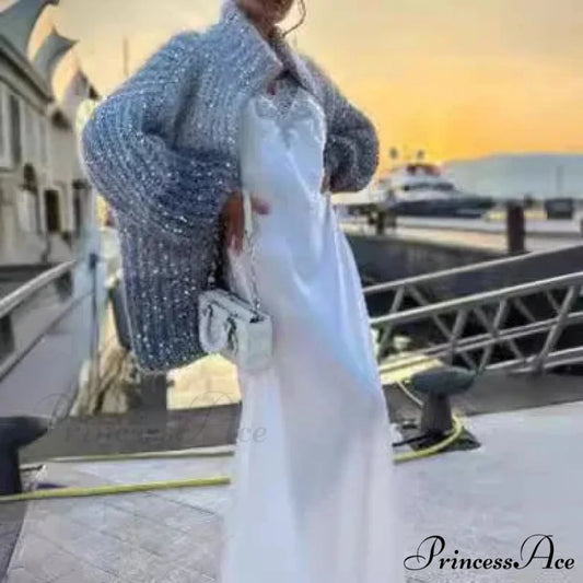 Sparkling Plunging Neckline Sweater Cardigan Sky Blue / S cardigans-241228