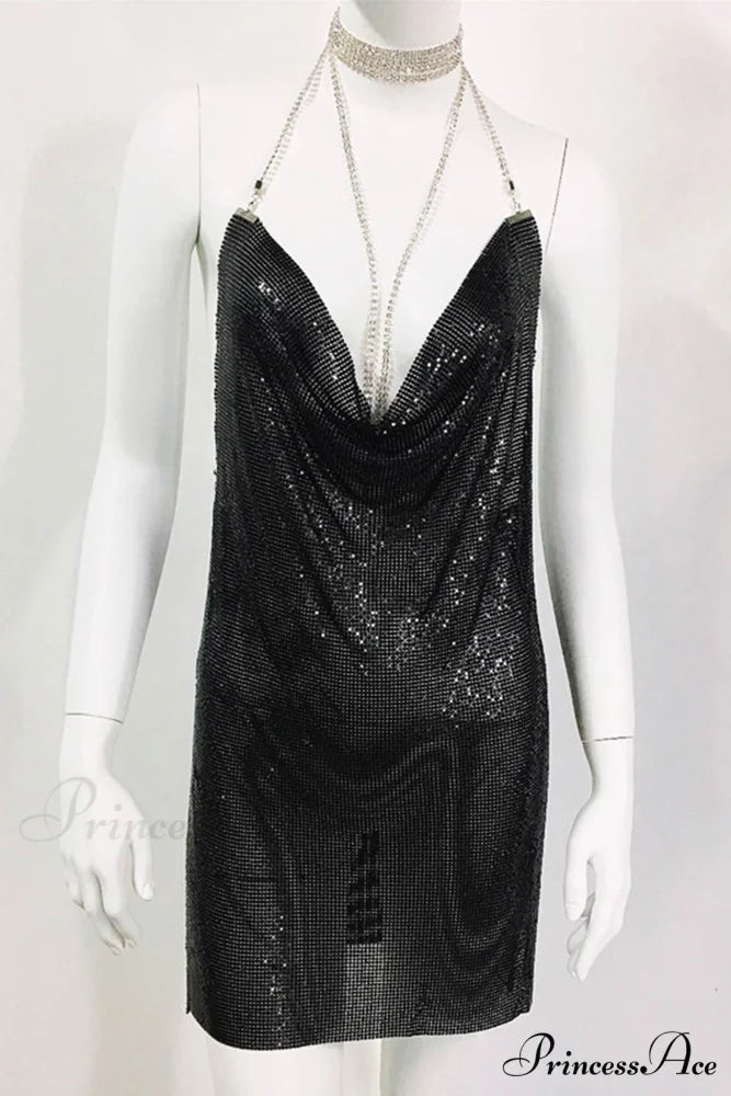Sparkling Rhinestone Cami Dress Black / A-Rhinestone Halter / S