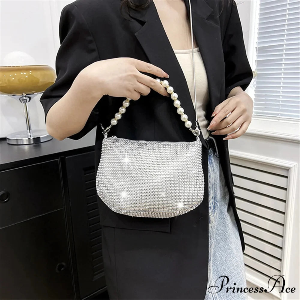 Sparkling Rhinestone Dainty Shoulder Bag Celebration Purse Silver handbag-250126