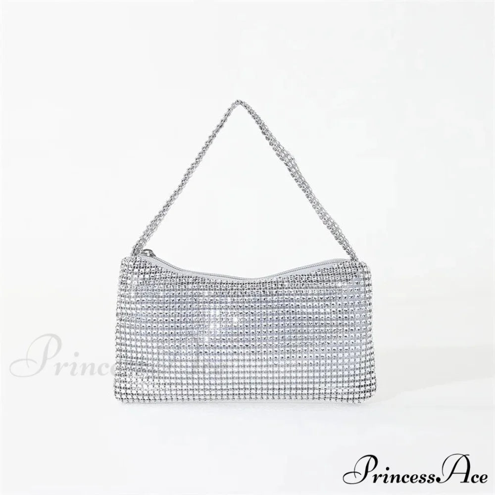 Sparkling Rhinestone Evening Bag Gemstone Shoulder Wedding Celebration Clutch Silver clutchbag-250126