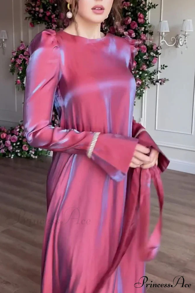 Sparkling Satin Puff Sleeve Midi Dress with Glitter Finish Purple Red / L