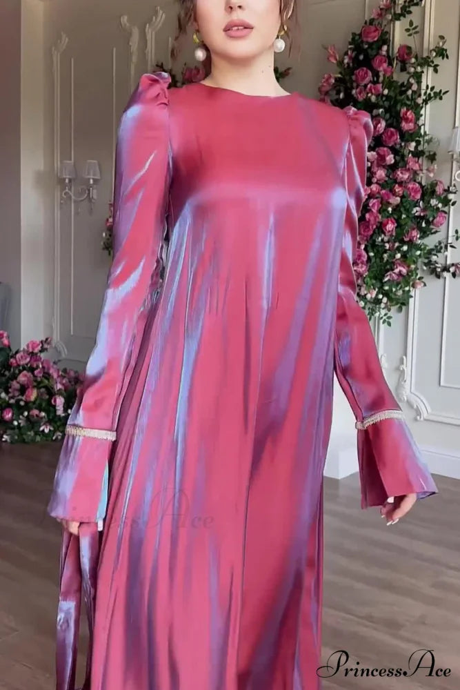 Sparkling Satin Puff Sleeve Midi Dress with Glitter Finish Purple Red / XL