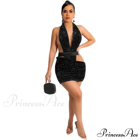 Sparkling Sequin Hollow Out Deep V Neck Halter Backless Mini Dress Black / S