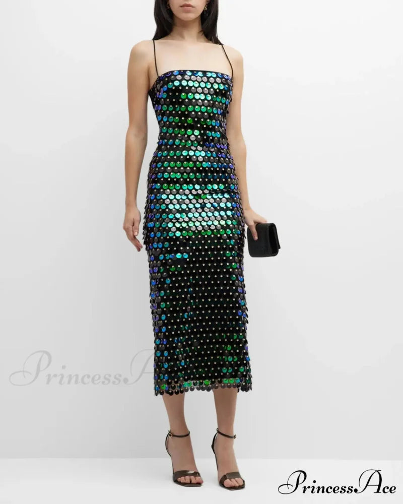 Sparkling Sexy Slim Sequin Dress Spaghetti Strap Sleeveless Sling Christmas Party Dress Green / S