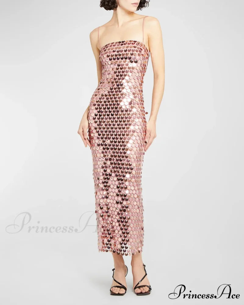 Sparkling Sexy Slim Sequin Dress Spaghetti Strap Sleeveless Sling Christmas Party Dress Pink / S