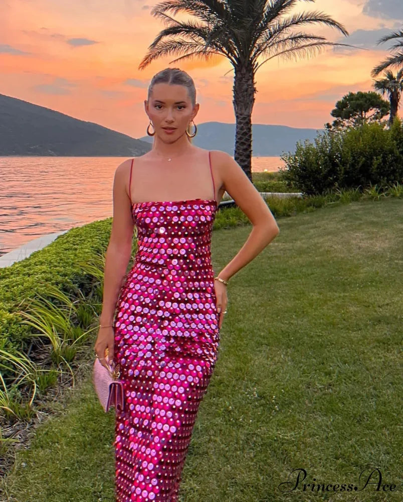 Sparkling Sexy Slim Sequin Dress Spaghetti Strap Sleeveless Sling Christmas Party Dress Rose / S