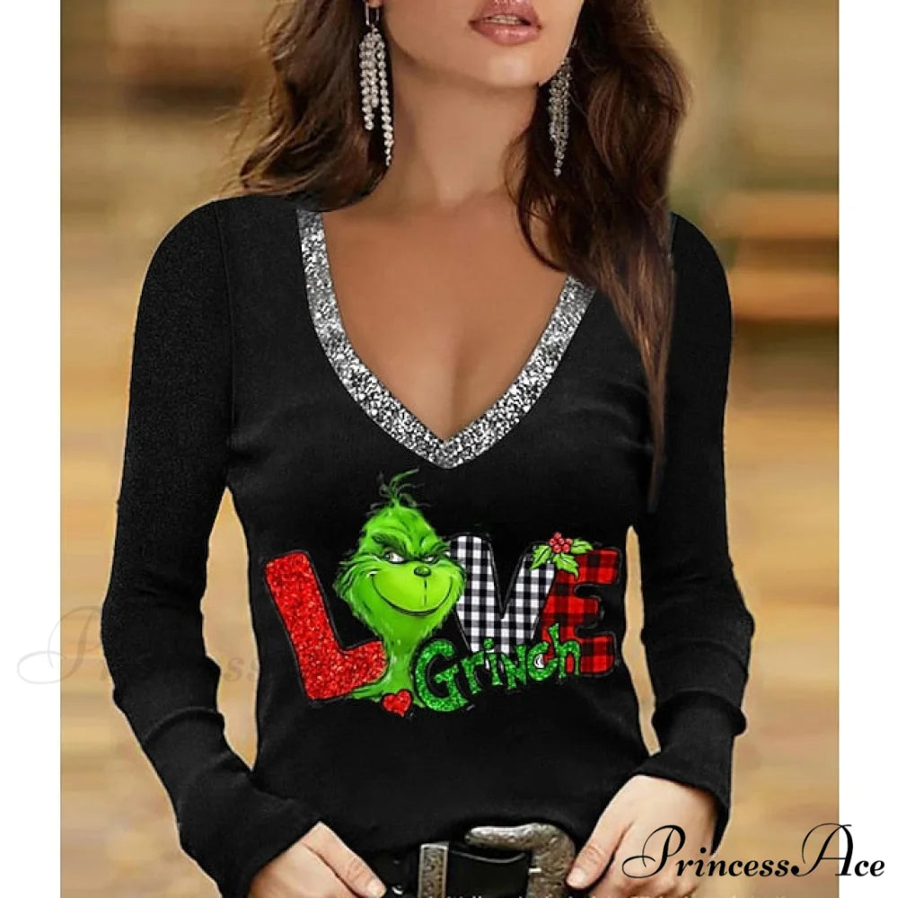 Sparkly 3D Painting shirt Green Wine / Christmas Regular T Weekend Design V Fuchsia Tee Women’s Neck Long S Tree Arm