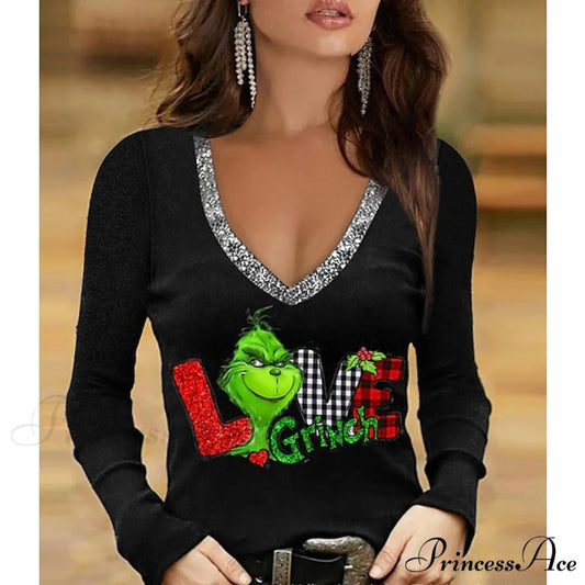 Sparkly 3D Painting shirt Green Wine / Christmas Regular T Weekend Design V Fuchsia Tee Women’s Neck Long S Tree Arm